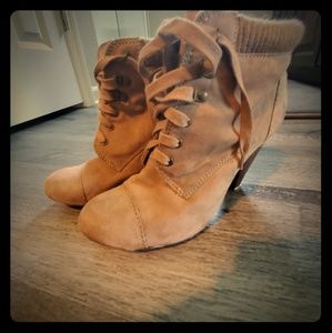 Tan Suede Lace-Up Heeled Ankle Booties